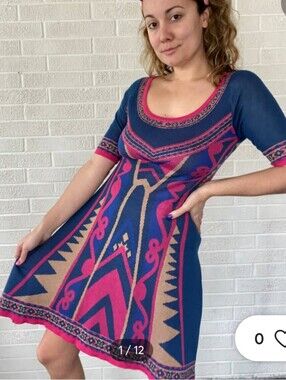 Flying Tomato Blue, Pink & Tan Aztec Knit Mini Dress